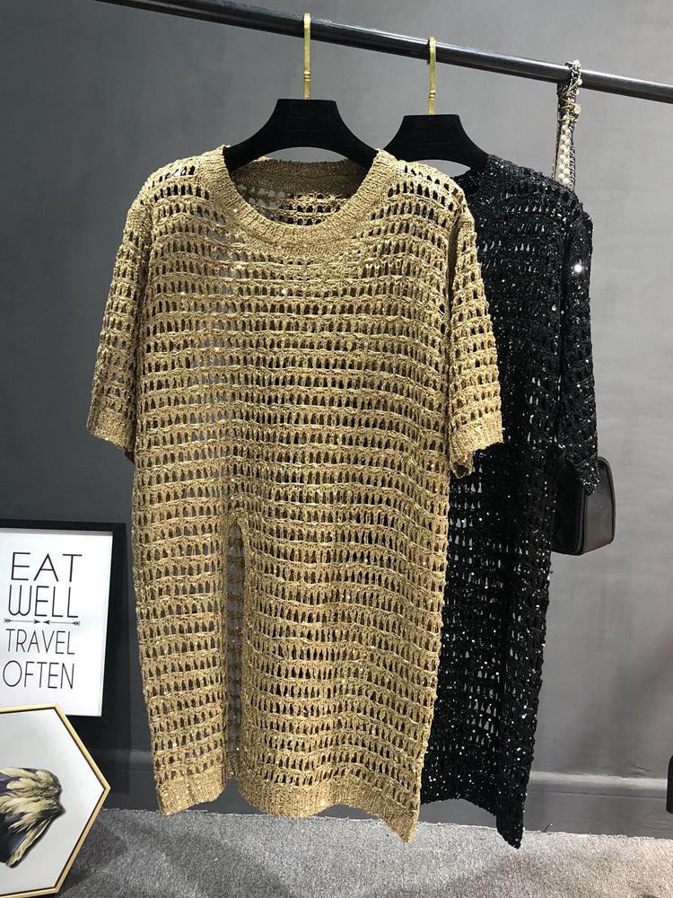 

Mid-length Sequin Knit Cardigan for Middle-aged Women - Spring, Plus Size, Slit & Hollow Crochet Design. One Size темно-зелений колір