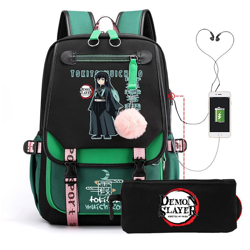 Casual Korean version schoolbag ghost extermination animation two-dimensional trend boys and girls USB backpack two-piece set