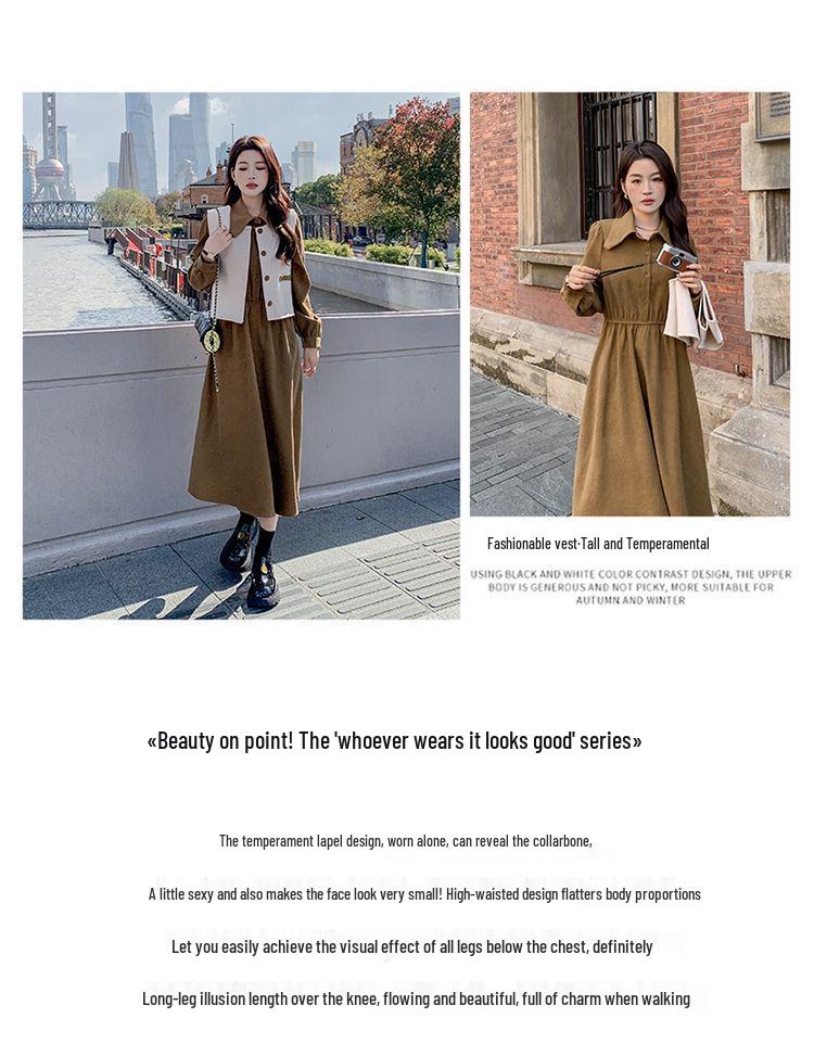 Women's Spring 2024 Long Sleeve Shirt Dress with Fashionable Vest - Two-Piece Set