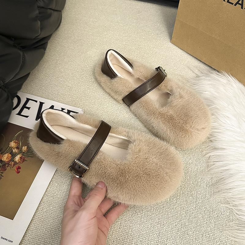 Xiaoxiangfeng Fluffy Shoes Women's Flat-bottomed Cotton Slippers Autumn and Winter Outer Wear Design Sense Soft-soled Mary Jane Velvet Single Shoes