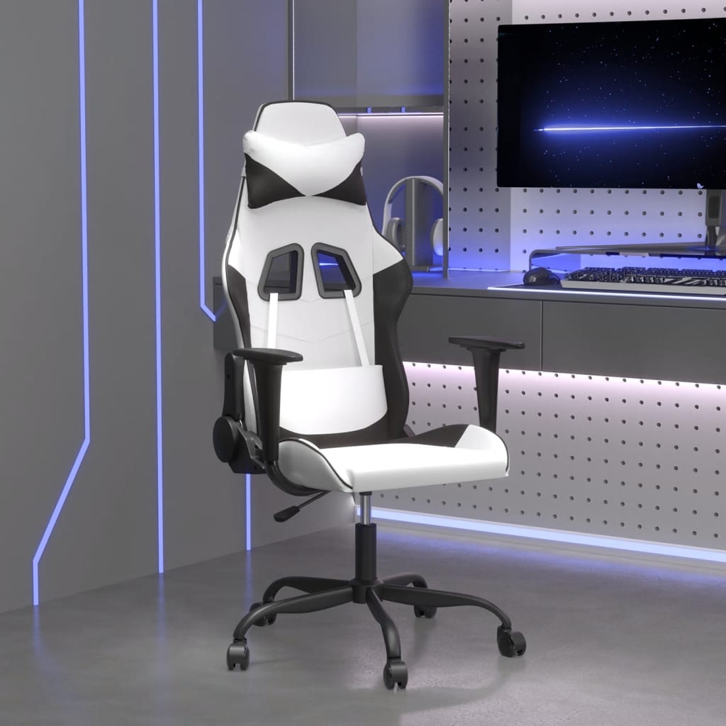 Gaming Chair with Massage Function White and Black Artificial Leather