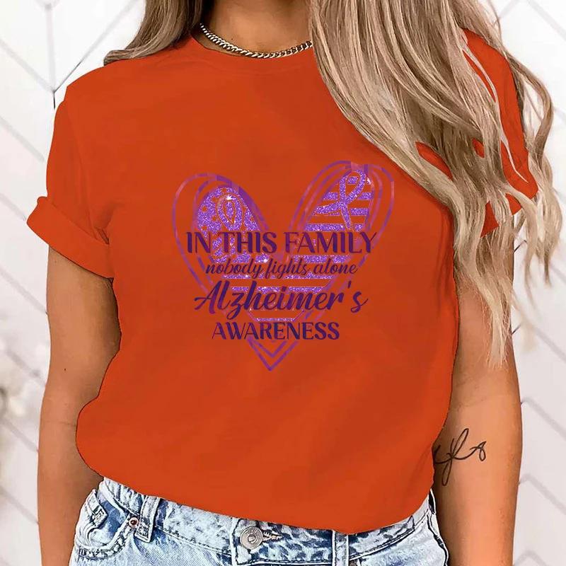 (High Quality T Shirt)New In This Family Nobody Fights Alone Alzheimer'S Awareness Print T Shirt Women Short Sleeve Tops Tees