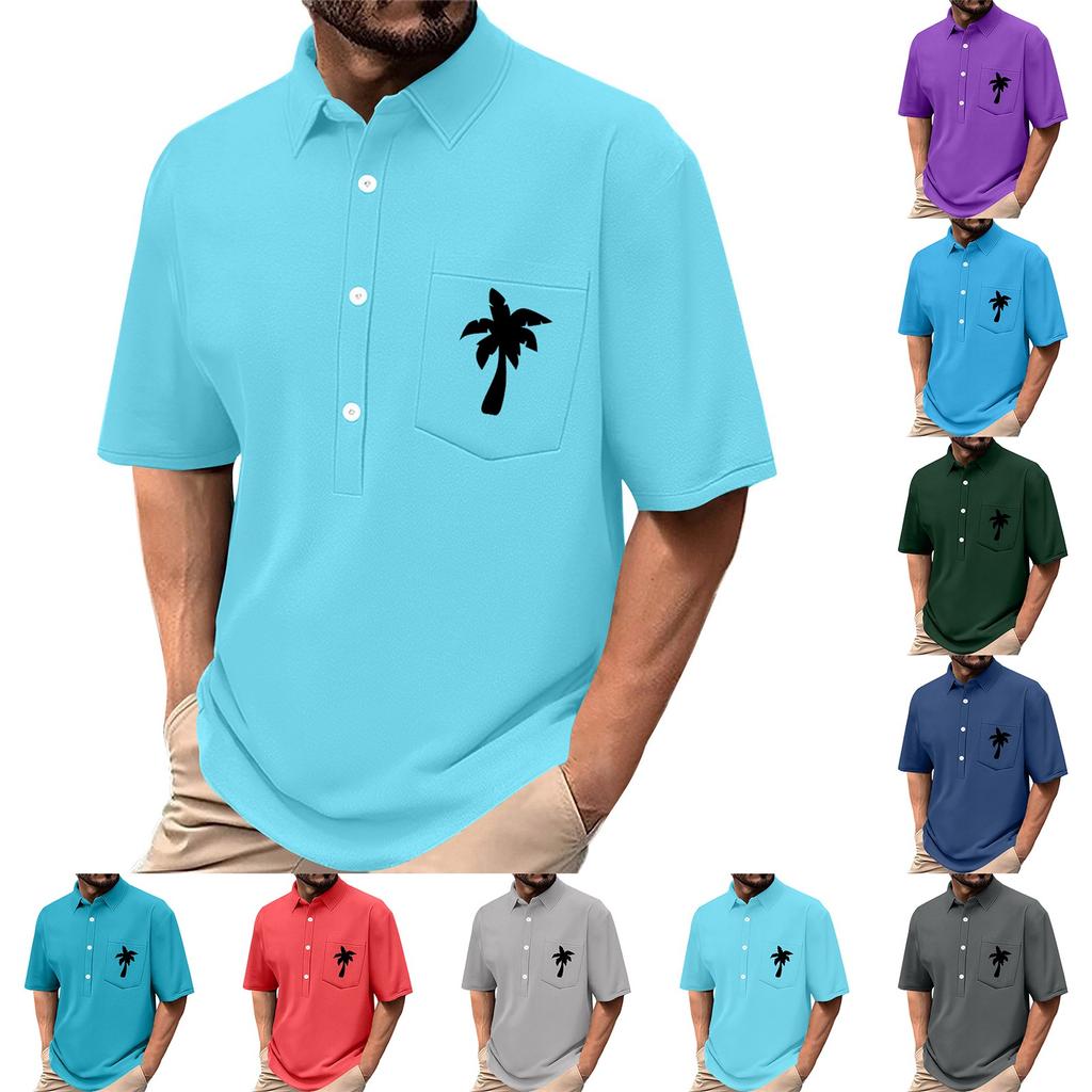 Men's Summer Solid Color Print Four-sided Stretch Lapel Button Pocket Shirt Casual Sports Short-sleeved Top