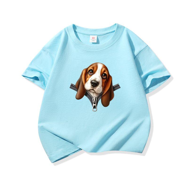 Kids Cotton T Shirt Cute Basset Hound Dog Zipper Print Crew Neck Short Sleeve Tee Casual Breathable Boys Girls Summer Tops