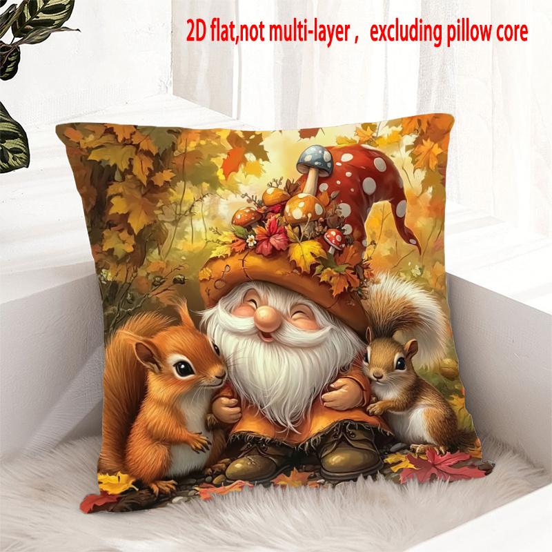 1pc Bohemian-style Autumn Gnome and Squirrel Mushroom Themed Pillowcase, Made of Soft and Smooth Polyester Short-pile Fabric, Featuring a Single-sided
