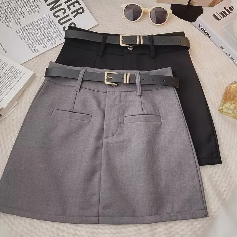 Fustă coreeană gri 2024, subțire, cu linie A, cu talie înaltă - fustă scurtă anti-expunere pentru femei de primăvară
