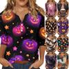 Women's Halloween Print V-Neck Short Sleeve T-Shirt with Decorative Buttons for Casual Fall Outfits