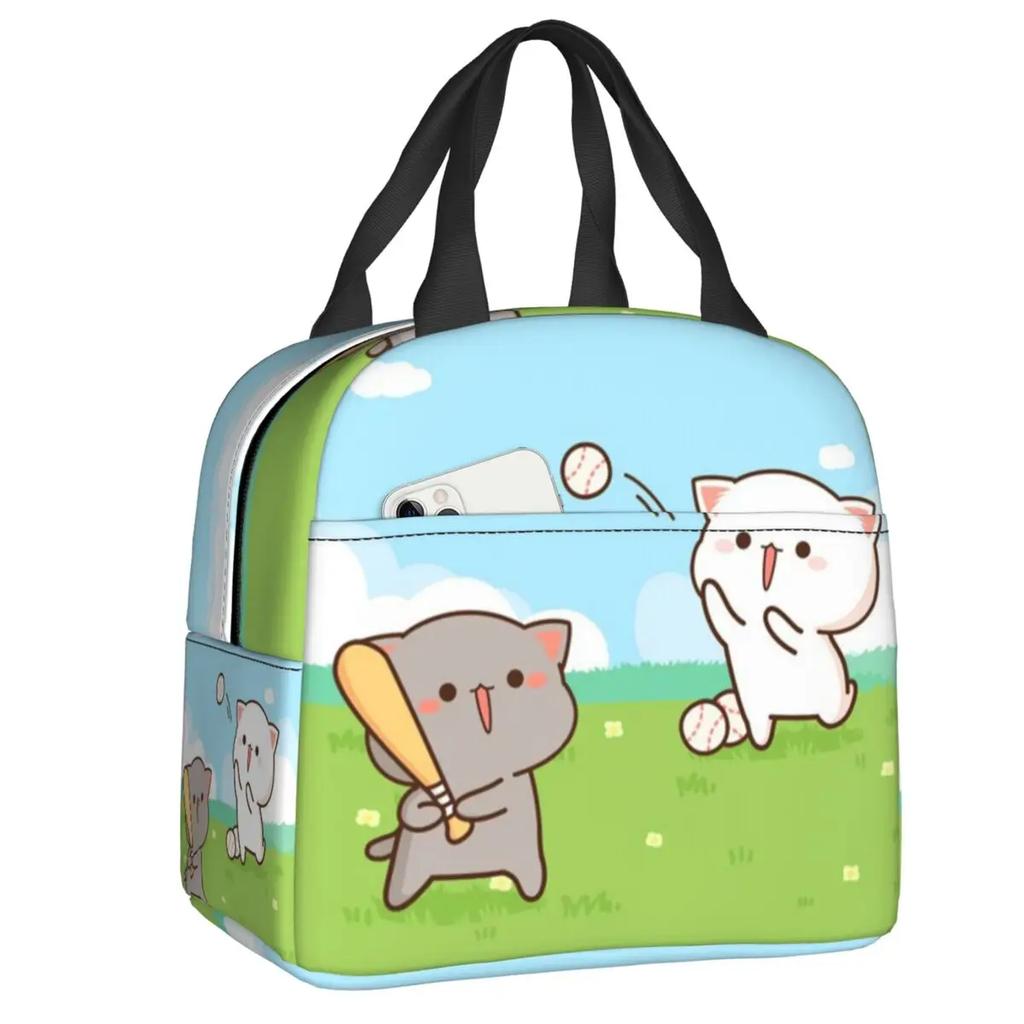 Peach and Goma Insulated Lunch Bags for Work School Picnic Cartoon Mochi Cat Leakproof Cooler Thermal Lunch Box for Women Kids