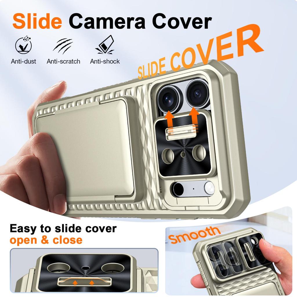 Mit Kartenhalter, Schiebefach für die Kamera und Ständer für iPhone 17 Pro Max Handyhülle, Anti-Fall PC+TPU Brieftaschenhülle - Champagner