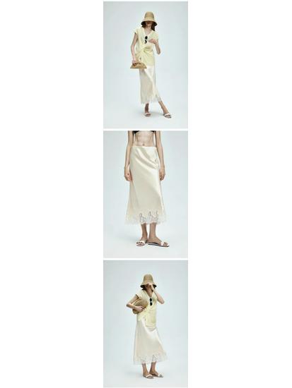 Glossy Satin French Lace Trim Midi A-line Skirt with Elastic Waist