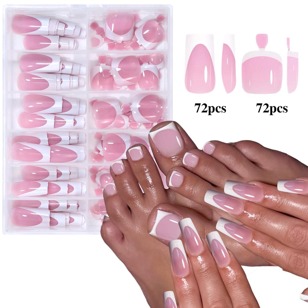 144pcs French Black Pink Hand&Foot WearIng Nail Set Short Square False Nails Press On Acrylic Full Cover Convenient Nail Art