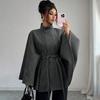 Women’s Clothing Elegant, Stand-Up Collar, Tie-Up Waist, Cloak-Style Design with a Sense of Grandeur, Woolen Coat.
