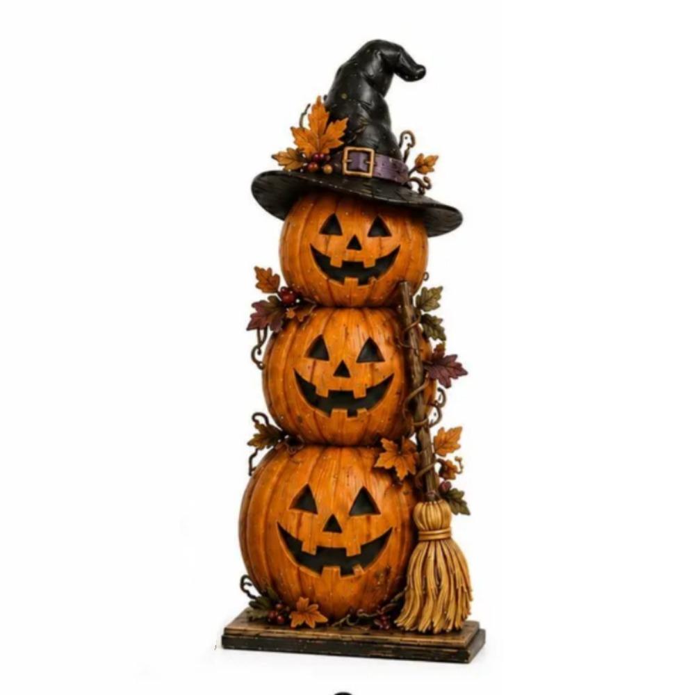 Spooky Wood Haunted House Statue Vintage Stacked Pumpkin Cart Ornament Shelf Decor