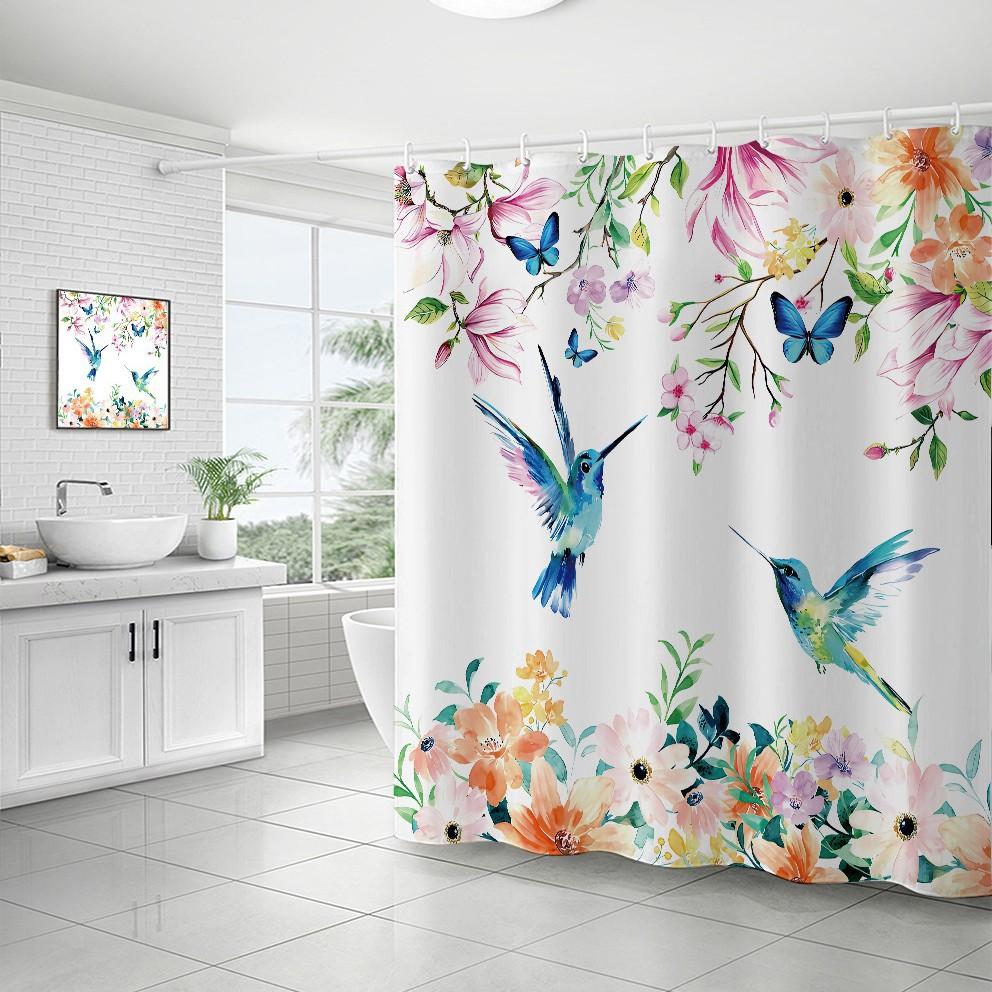 Bathroom Waterproof Curtain Digital Printing Tree Branches Bird Shower Curtain Free Punching Toilet Partition Curtain Shower Cloth
