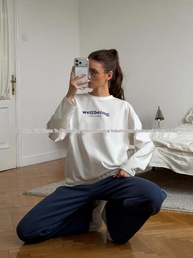 100% Cotton Long Sleeve Letter Print T-Shirt - Autumn European & American Style, New Loose Fit, Comfortable & Simple.
