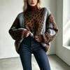 Damen Oversize Leopard Muster Strickpullover Lockerer Sitz Hoher Kragen Langarm Herbst Winter Oberteil