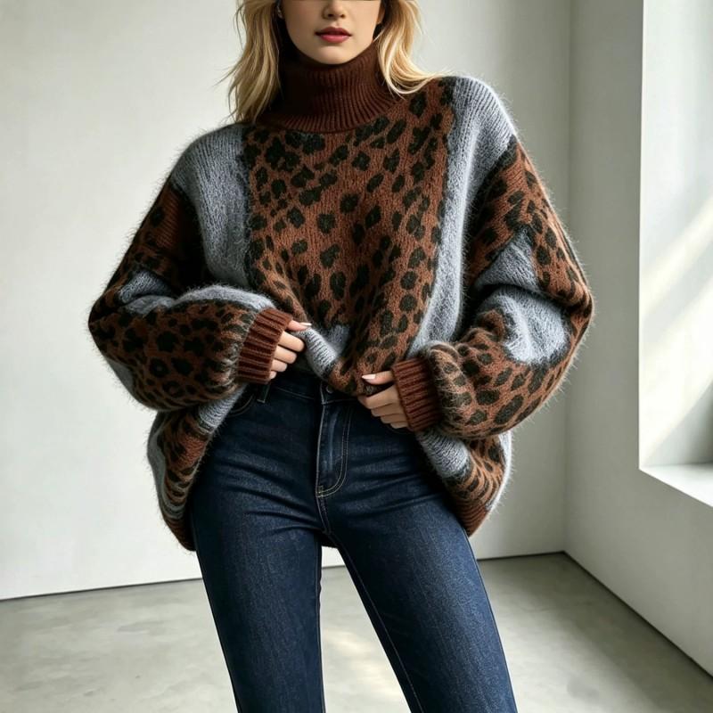 Damen Oversize Leopard Muster Strickpullover Lockerer Sitz Hoher Kragen Langarm Herbst Winter Oberteil