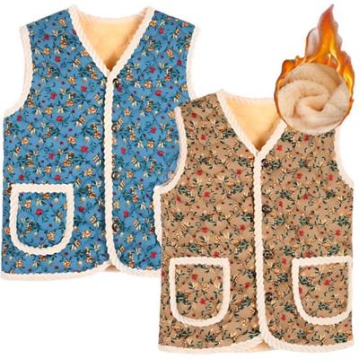 Gilet trapuntato in lana d'agnello stile nonna coreana Kimjang 1+1 Taglia grande Villaggio Floreale Chic blu e Marrone.