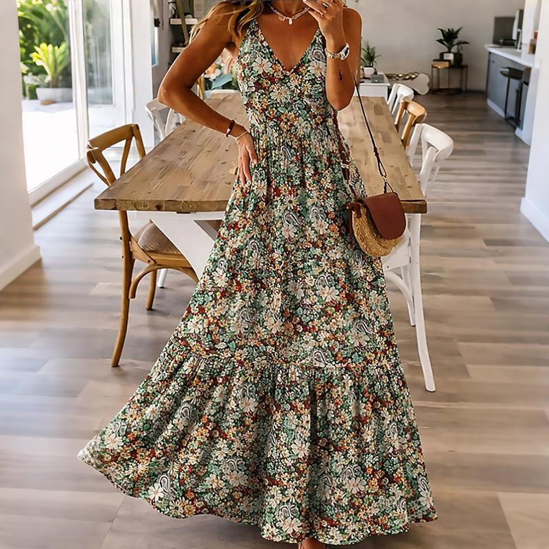 Bohemian Floral Maxi Dress for Women V Neck Halter Neck Summer Beach Vacation Sundress S серый