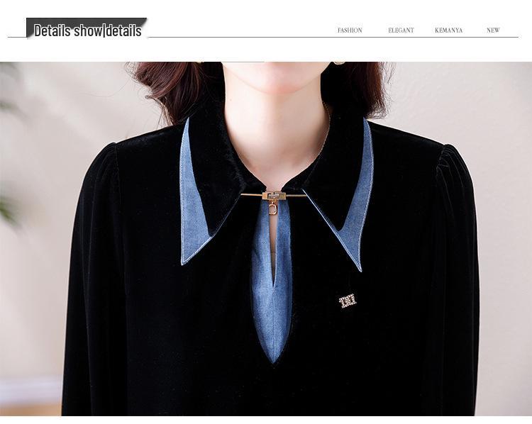 Women's Velvet Long Sleeve Denim Patchwork Two-Piece Shirt - Early Autumn 2023 Trend.