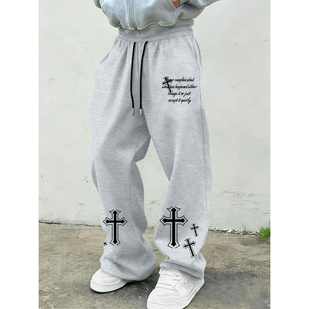 Men's Casual Black Sports Pants, Wide Leg Design, White Pattern Letter Print, with Drawstring, Street Fashion
