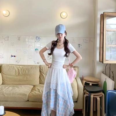 Koreanischer Preppy-Stil Asymmetrischer Spitzen-Plaid-Patchwork-Midi-Rock für Damen - Sommer High-Waist A-Linien Langer Rock