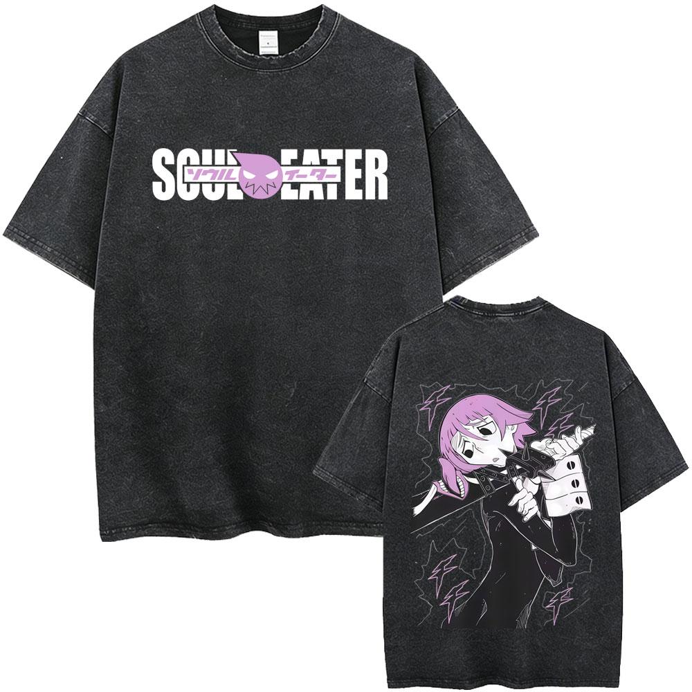 Washed Vintage Anime Soul Eater Black Star Graphic Tshirt Mens Retro Manga T Shirt Men Women Fashion Casual Oversized Tshirts