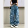 Blau gewaschene Cargohose mit mehreren Taschen, Y2k-Retro-High-Street-Mode, hohe Taille, Jeans, Paar, Harajuku, einfache lässige Hose mit weitem Bein