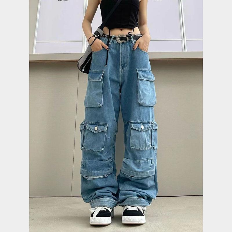 Blau gewaschene Cargohose mit mehreren Taschen, Y2k-Retro-High-Street-Mode, hohe Taille, Jeans, Paar, Harajuku, einfache lässige Hose mit weitem Bein