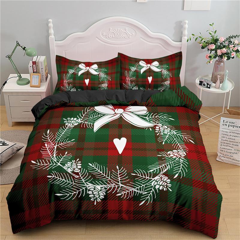 Merry Christmas Duvet Cover King For Boys Girls Microfiber Santa Claus Cute Deer Cartoon Animals Red Plaid 3D Print Bedding Set