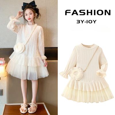 Girls' Fashionable Dress 2025 Spring and Autumn Children's Tulle Princess Dress with Bag