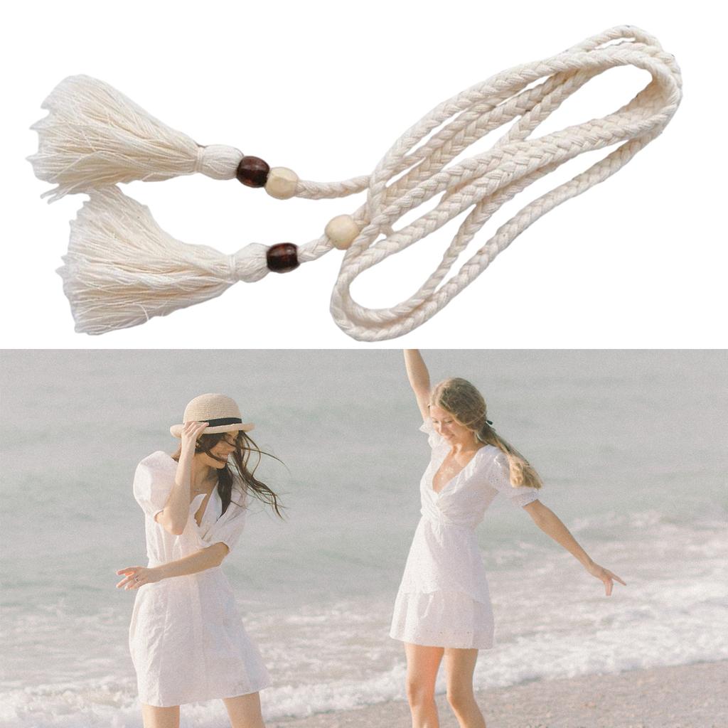 Handcraft Bohemian Cotton Rope Waist Belt for Women and Girl with Wood Beads and Tassels Perfect for Dresses and Skirt