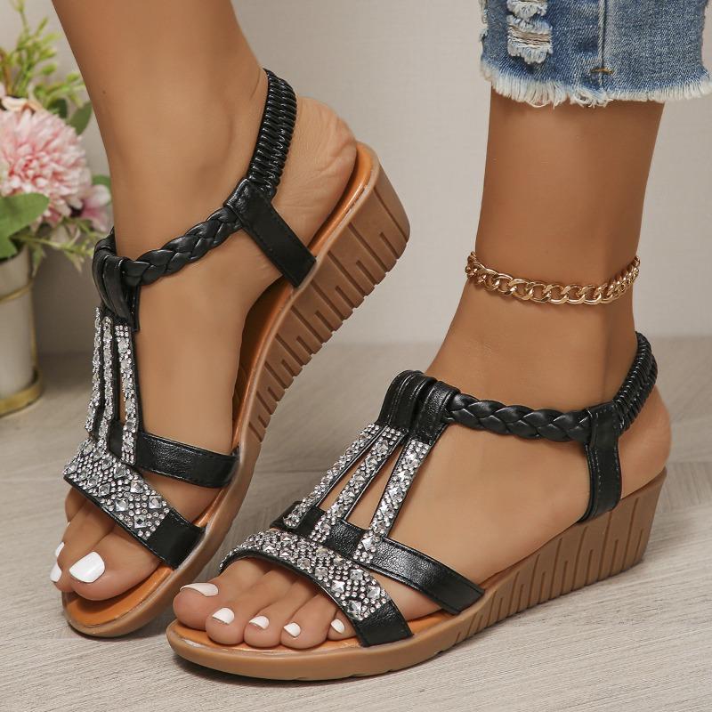 Women's Plus Size Peep Toe Wedge Sandals, Bohemian Elastic Strap Rhinestone Casual Daily Footwear