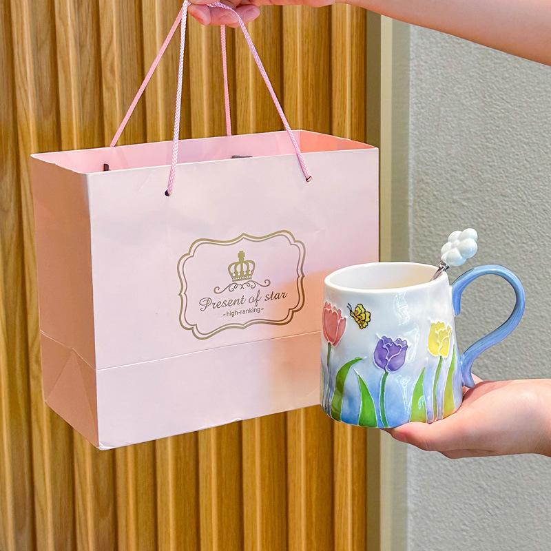 Birthday Gift for Girls, Hand-painted Tulips, Ceramic Mugs, Girlfriends' Practical Cups, Souvenir Gift Box.