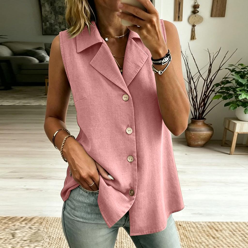 Women's Color V-neck Sleeveless Vest Top Button Inch Shirt