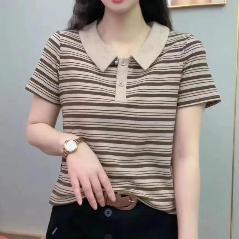 

High-end Women s Summer Fashion Collar Short-sleeved Cotton T-shirt New Style Women s Casual Age-reducing Shirt 5XL коричневий