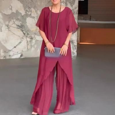 2Pcs/Set Women Casual Outfit Round Neck Long Sleeve Irregular Hem Tops Elastic Waist Long Pants Set Solid Color Outfit