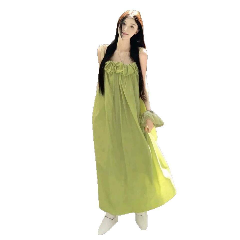 Seaside holiday wind one-word shoulder suspender dress women's summer new loose fresh lazy green dress