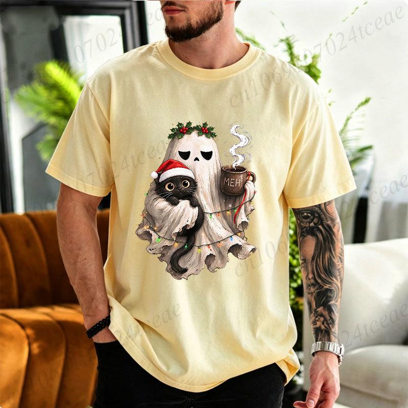 Cotton T-Shirt Spooky Christmas Tshirt Goth Black Cat Christmas Graphic Tee T‑shirt Funny Coffee Cup Tshirts Vintage Gothic Holiday Tops Gifts