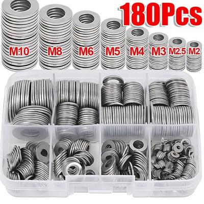 180Pcs/Box Durable M2-M10 Flat Washer Stainless Steel Multi-Size Screw Gasket Metal Fasteners Flat Washers Ring