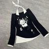 T-shirt da Donna Kawaii Juminocore Gatto Bianco Pois Scollo a Barca Manica Lunga Stile Giapponese Slim Finto Due Pezzi