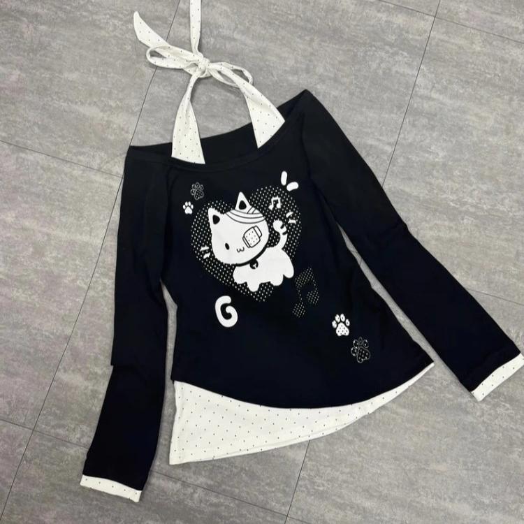 T-shirt da Donna Kawaii Juminocore Gatto Bianco Pois Scollo a Barca Manica Lunga Stile Giapponese Slim Finto Due Pezzi