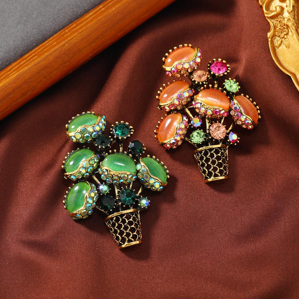 Creative Vintage Rhinestone Flower Brooch for Women Men Cactus Bouquet Lapel Pin Office Jewelry Gift