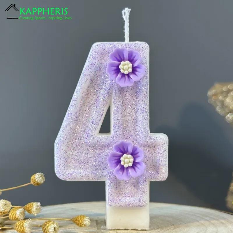 Purple Pink Barbei Birthday Beautiful Birthday Number Candles Sparkling for Cake Topper Decoration Flower Pure Bee Honey Candles