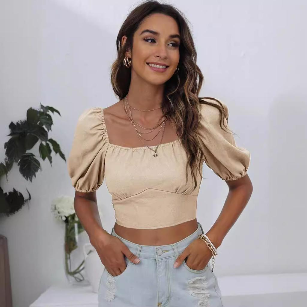 European and American Women's Clothing Spring and Summer New Square Neck Lantern Sleeves Solid Color Backless Straps T-shirt Casual Short Top Women