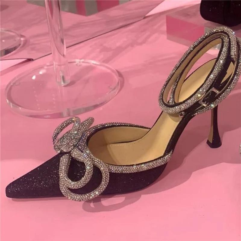 Soleist Glitter Rhinestones Women Pumps Crystal Bowknot Satin Sandals Summer Transparent Shoes High Heels Party Prom Designer Shoes