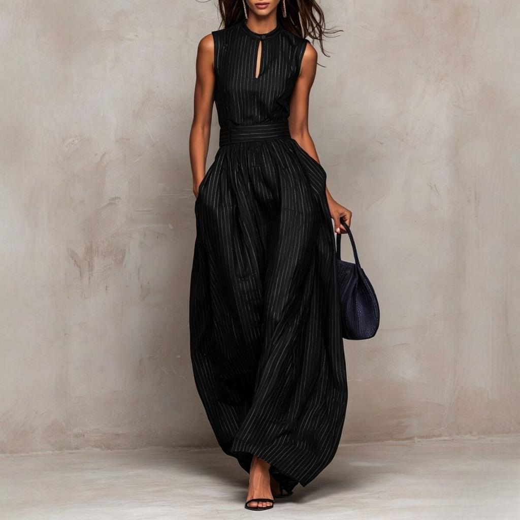 European and American style 2026 new dark blue striped sleeveless waist wide-leg jumpsuit women's long temperament fashionable cross-border women