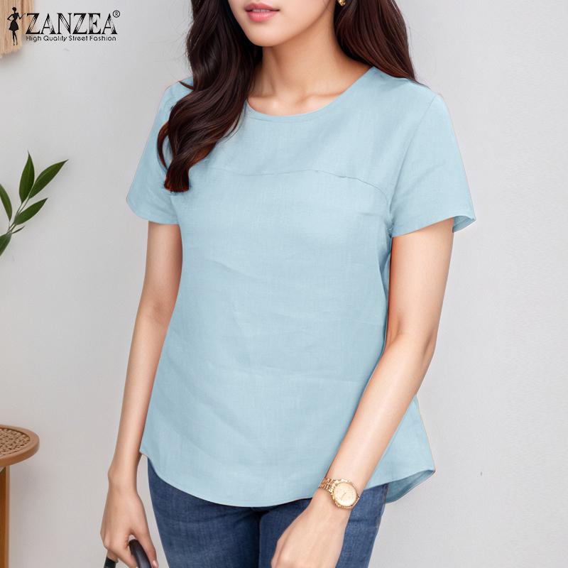 ZANZEA Women Summer Round Neck Solid Color Casual Short Sleeve Blouse