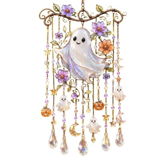 Seasonal Party Hanging Decor Halloween Wind Chime, Colorful Bird Sun Catcher, Cute Garden Ghost Windchime, Decoration for Patio Yard Faux Crystal