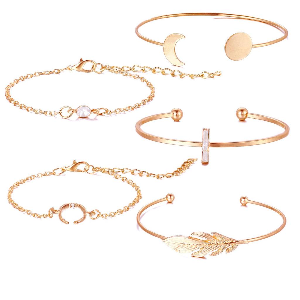 European & American Style Rhinestone Feather & Geometric Crescent Round Bracelet Set - 5 Pieces